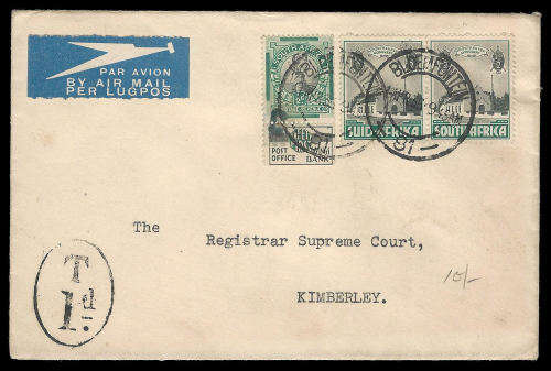 Union of South Africa.  Taxed Airmail cover as per scan.