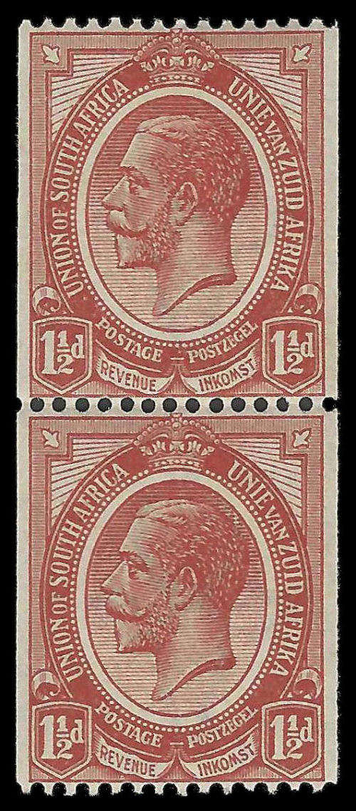 South Africa. Kings Heads 1½d COIL as per scan. Bottom stamp unmounted mint; top stamp mounted mint.