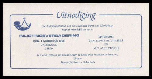 National Party. 1985 Party Information Meeting invitation.  Very fine condition.