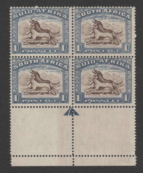 Union of South Africa.   Screened one shilling Arrow Block.  Fine unmounted mint.