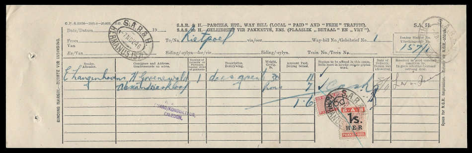 1946. South African Railways Issue 8 and Issue 9 combination on waybill (Hermanus). Scarce.