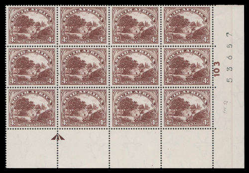 Union of South Africa. 4d Screened (SACC 117) in a Control / Arrow / Sheet number block.  Superb UM.
