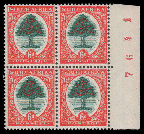Union of South Africa. 6d Hyphenated Roto TYPE III (SACC 60b) Sheet Number Block. Superb UM.