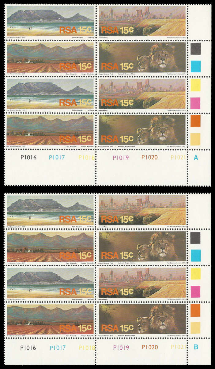 Clearance lot.  C.V. R2 000-00.  1975 Tourism.  A + B blocks, each x 5 (10 block total).  Superb UM.