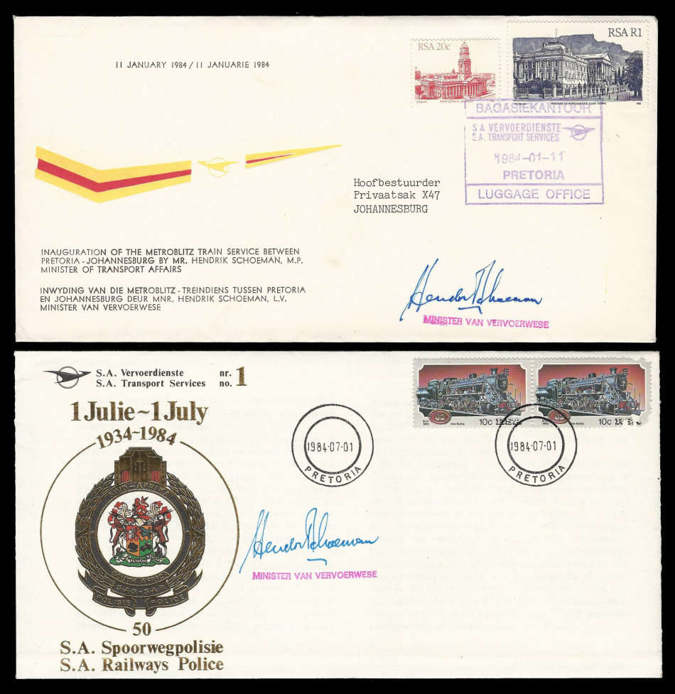 South Africa.  2 Railway covers signed by Minister of Transport Hendrik Schoeman.