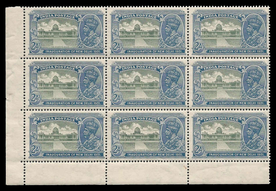 India. King George V.  2A (SG 229w) block of 9. Cat.value R720-00. Unmounted mint.