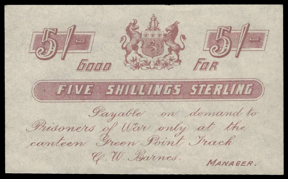 Anglo Boer War.  Boer Prisoner of War bank note (good-for).  Green Point Camp.  Very fine.