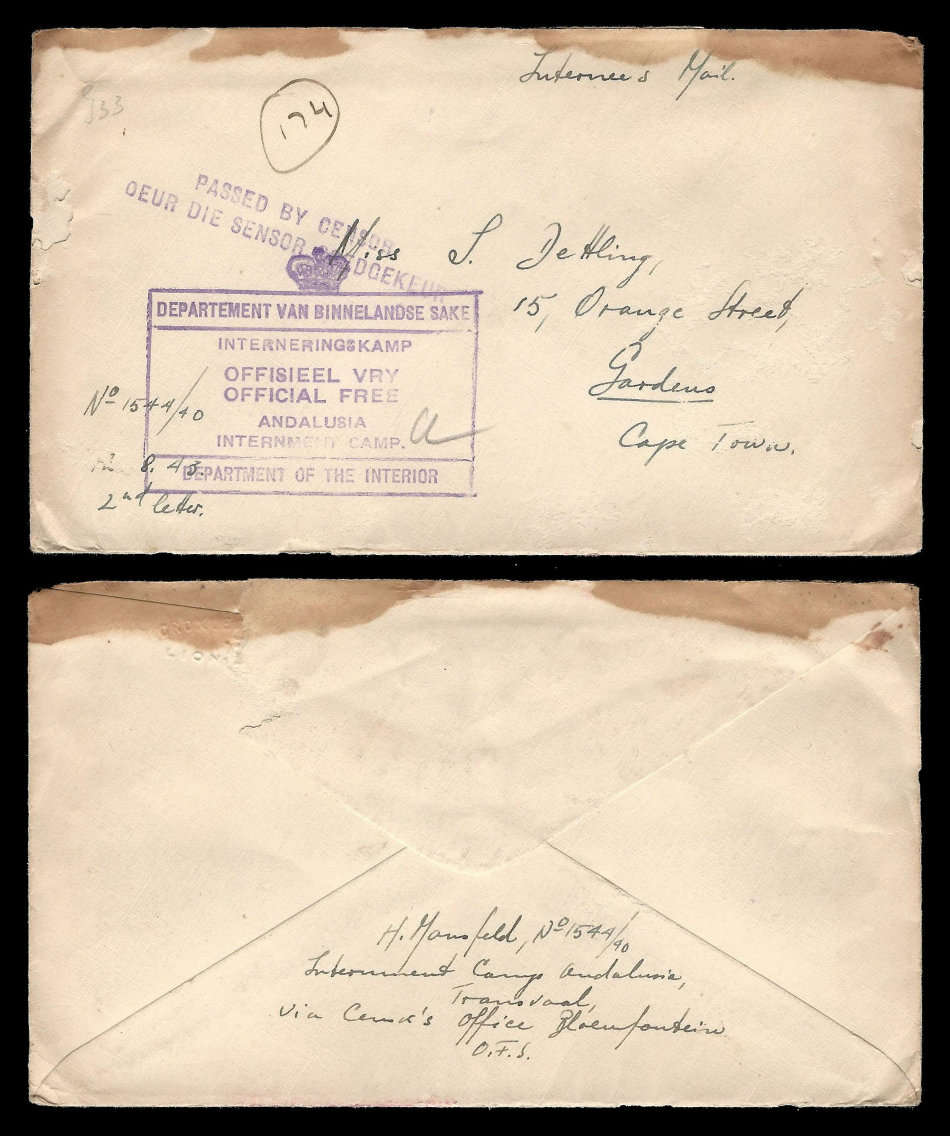 WORLD WAR II.  Andalusia Interment Camp CENSORED cover as per scan.