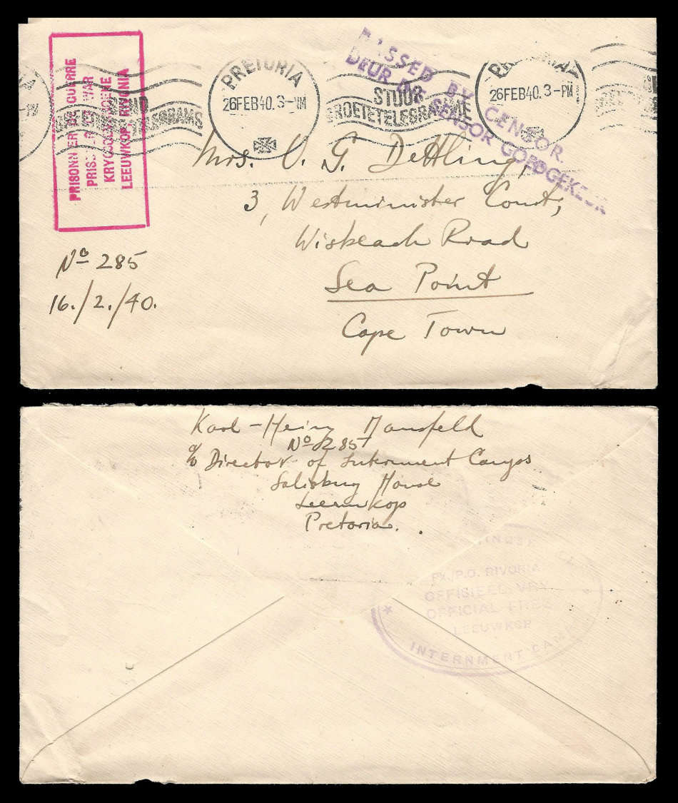 WORLD WAR II.  Outgoing Leeuwkop Interment Camp CENSORED cover as per scan.