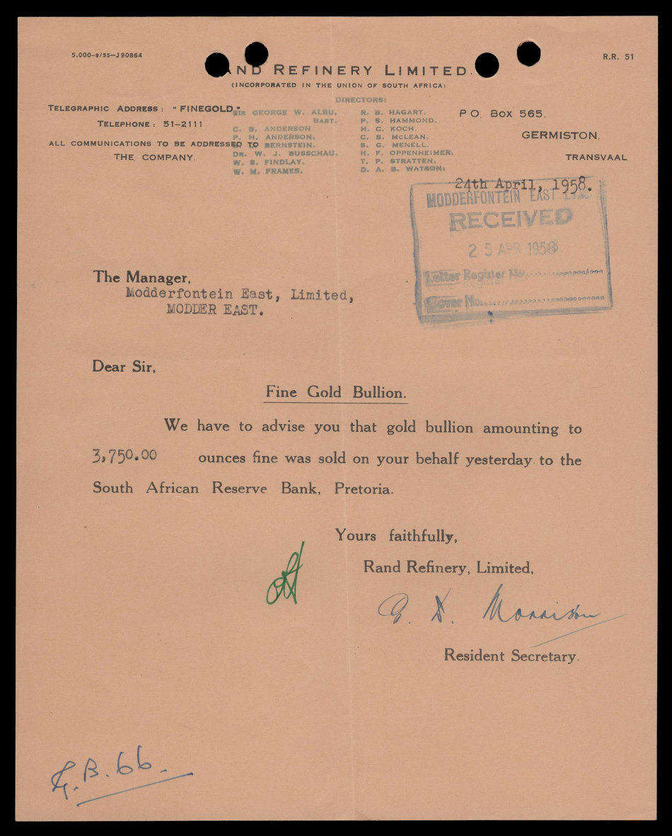 South Africa. Rand Refinery FINE GOLD BULLION advisory note to MODDERFONTEIN EAST. Fine condition.