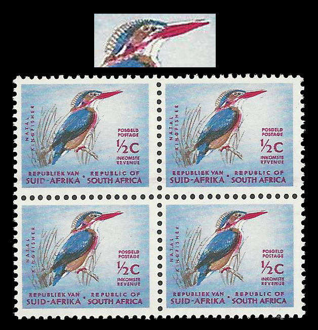 R.S.A. ZEBRA MANE flaw (colour shift) in a block of 4.  Superb unmounted mint.