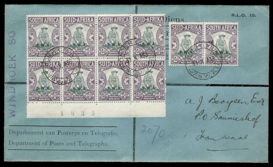 S.W.A.  5 x OVPT Shifted to Bottom Pairs incl. Sheet Number block on cover.  CV of stamps R1400+.