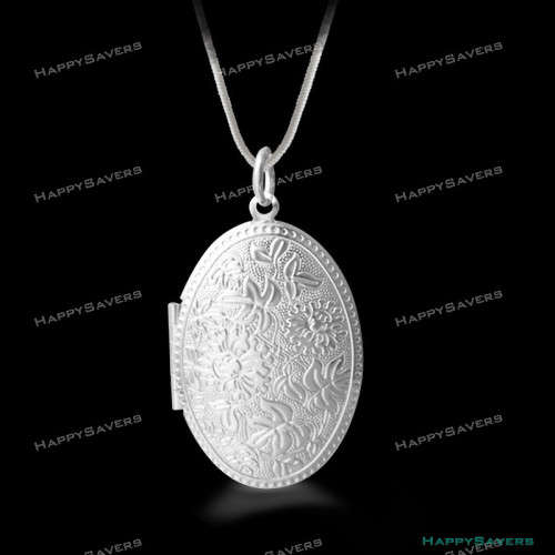 Sterling Silver Locket Photo Pendant Oval Charm Necklace with Snake Chain