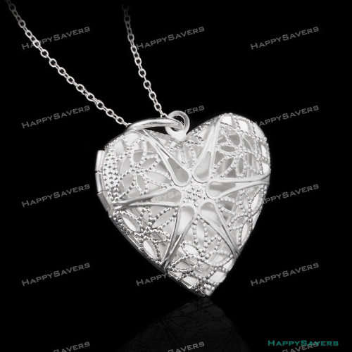 Sterling Silver Locket Photo Pendant Heart Shaped Necklace with Chain