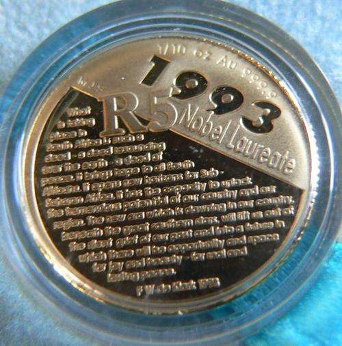FW DE KLERK - 24CT GOLD R5 1/10 OZ - NOBEL PRIZE 1993