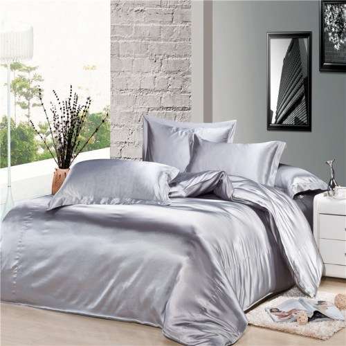 3-Piece Satin Duvet Cover Set - SILVER - QUEEN