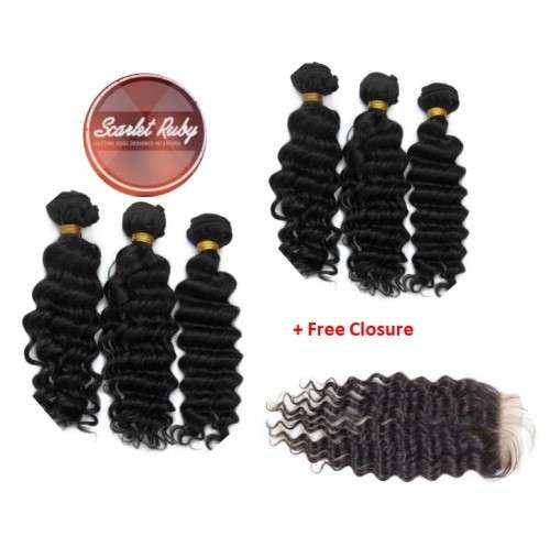 6 Bundles Virgin Brazilian 50g Deep Wave Hair plus FREE Closure - 8 Inches
