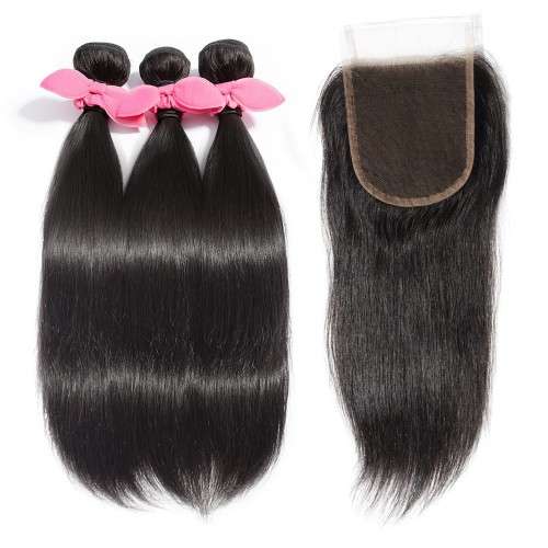 Brazilian Straight Virgin Hair 3 Bundles with closure -  8 Inch - Grade 11A