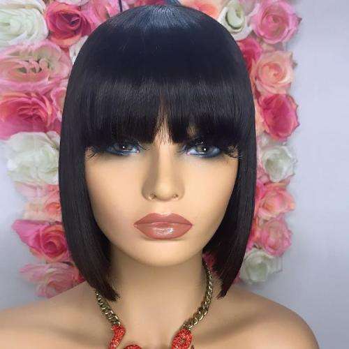 Brazilian Virgin 100% Human Hair Bob Wig with Bangs / Fringe - 8 Inches - Colour 1B
