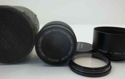 Super-Multi-Coated Bellows-Takumar 1:4/100 + Lens Hood + Hoya 49mm Skylight 1A