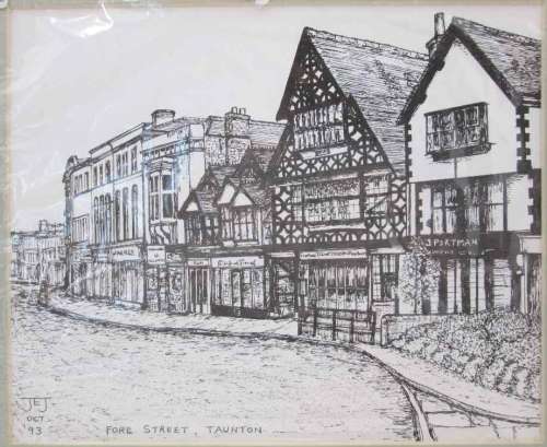 Janet Jordan Lithographic Signed Print, Mounted On Board, Sealed In Plastic: "Fore Street, Taunton"