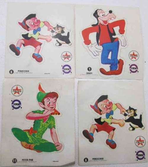 4X 1970's Caltex Boron Walt Disney Promotional Stickers (1 Goofy, 6 Pinocchio X2, 11 Peter Pan)