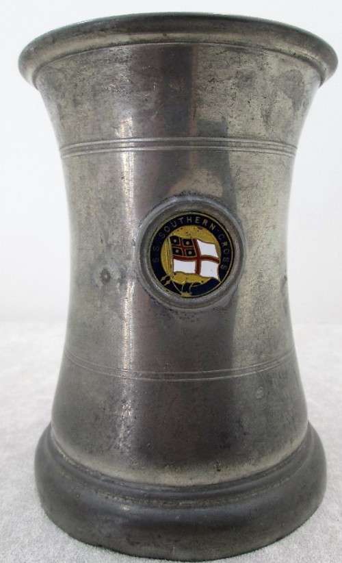 Glass Bottomed (Inscribed The 19th Hole) SS Southern Cross Souvenir Metal Mug - 13,5cm/14cm/10cm