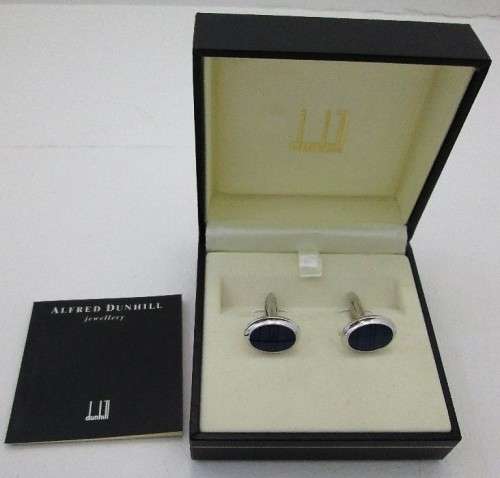 Superb Boxed + Booklet Dunhill Sterling Silver Cufflinks, Blue Stone
