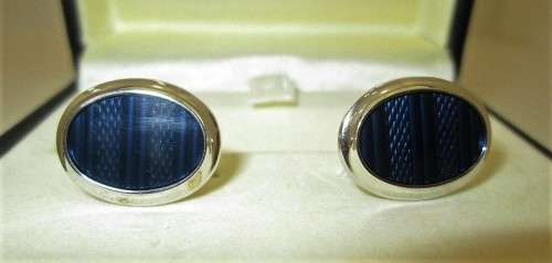 Superb Boxed + Booklet Dunhill Sterling Silver Cufflinks, Blue Stone