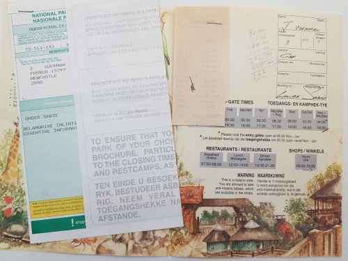 Kruger National Park Booking Document + Receipts, 1994