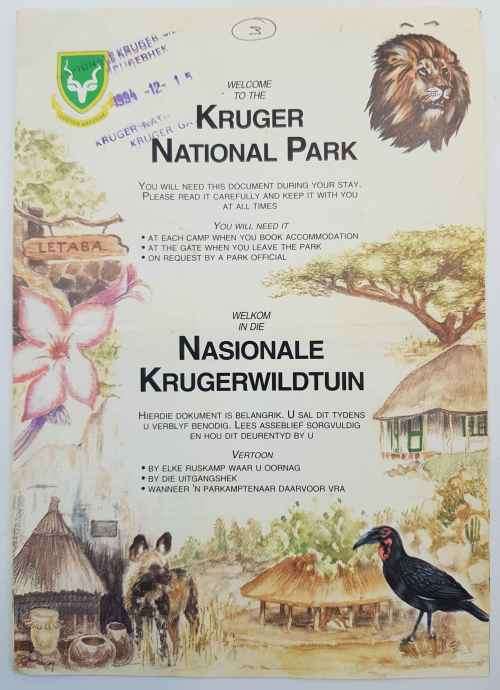 Kruger National Park Booking Document + Receipts, 1994