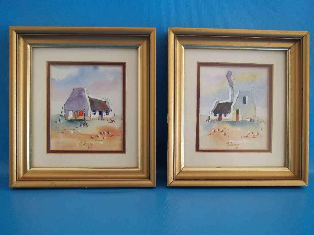 A Pair Of Beautiful Watercolours Framed Behind Glass By M Jordaan - Size Each 16cm/17,5cm