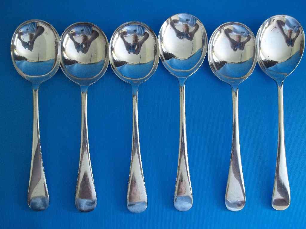 6 X Assorted Silver-Plated Soup Spoons - Lengths 19cm - 19,5cm (See Ad For Makes)