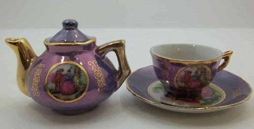 Purple With Gold Trim Miniature 3 Piece Teaset - Teapot Height 6cm