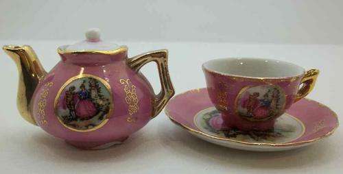 Pink With Gold Trim Miniature 3 Piece Teaset - Teapot Height 6cm