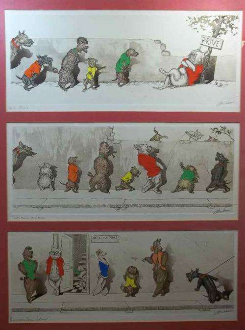 3 X Boris O' Klein Signed & Hand Coloured Dirty Dogs Of Paris Prints (Each 44cm/18cm)