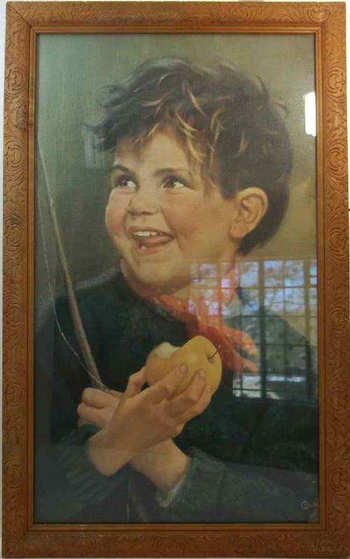 c1970's "Boy & Apple" Print, Framed Behind Glass - 71cm/44cm