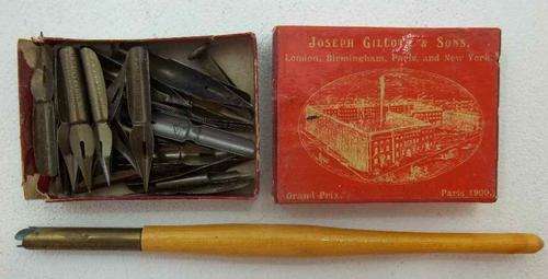 Antique Fountain Pen, William Mitchell's Reservoir Holder + Assorted Nibs, Joseph Gillott & Sons
