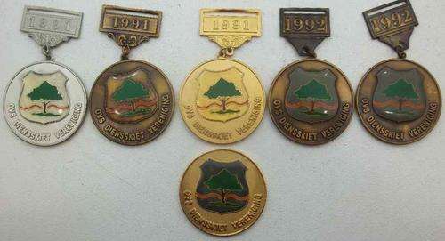 6X Brass/Silver/Gold OVS Dienskiet Vereniging Shooting Medals, 1991 & 1992 - Diameter 5cm