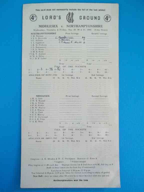 Cricket Score Card For Middlesex v Northamptonshire May 1963 - Lord's Ground