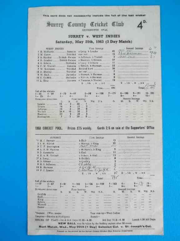 Cricket Score Card For Surrey v West Indies May 1963 - Surrey County Cricket Club