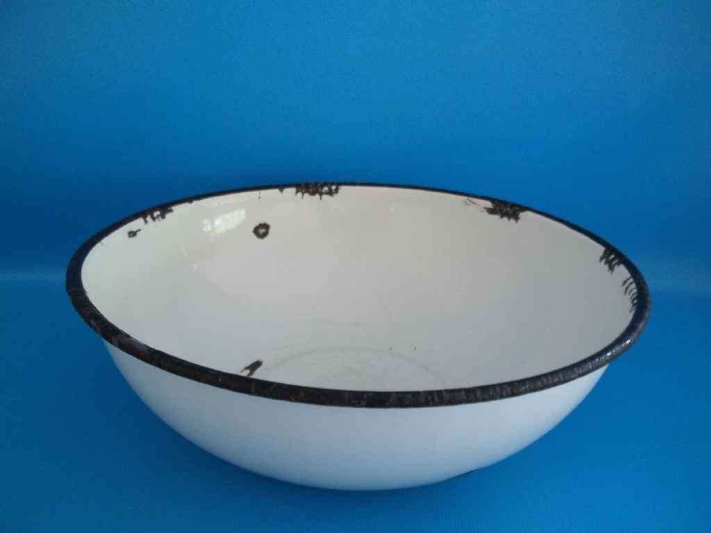 Old White/Black Rim Enamel Bowl - Diameter 23cm - Depth 8cm