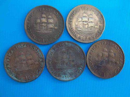 5 X South Africa 1D Coins - 3 X 1954, 1955, 1956