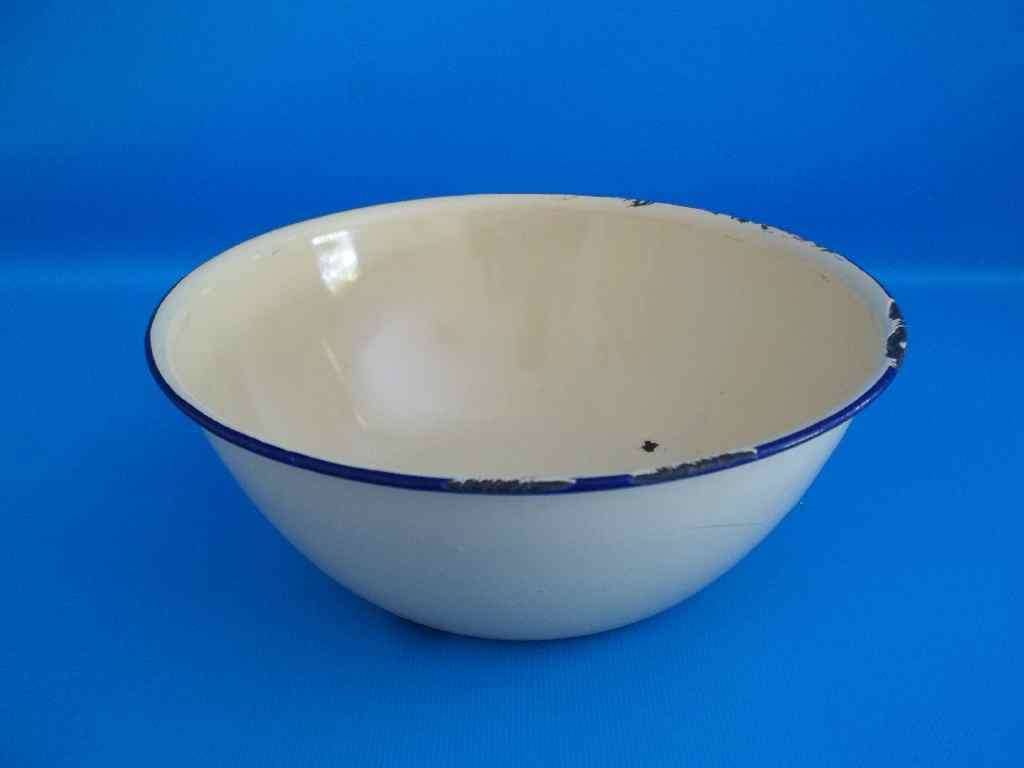Yellow/Blue Rim Enamel Bowl - Depth 7cm - Diameter 19cm (Stamped)