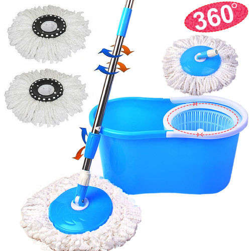 360° Rotating Magic Spin Mop Stainless Steel Dehydrate Basket W/Bucket 2 Heads