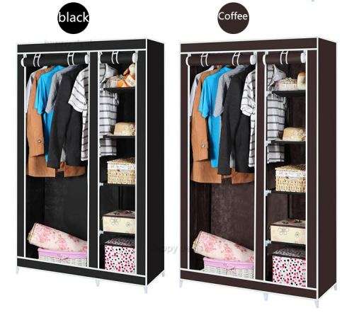 Double Canvas wardrobe Cupboard Clothes Storage Solution with Hanging Rail Storage Shelves