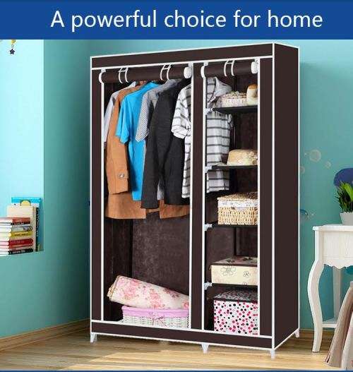 Double Canvas wardrobe Cupboard Clothes Storage Solution with Hanging Rail Storage Shelves