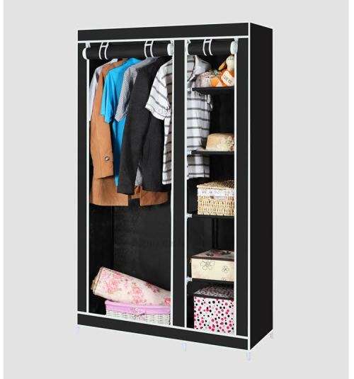 Double Canvas wardrobe Cupboard Clothes Storage Solution with Hanging Rail Storage Shelves