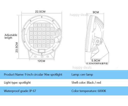 9'' Round 96W Cree Led Driving Spot Work Light 4WD Offroad Camping 10-30V