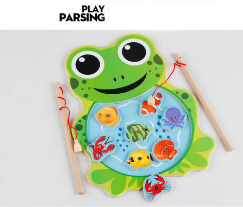 Frog And cat fishing magnetic wooden child educational toys fishing game pond rod baby 3-6 years